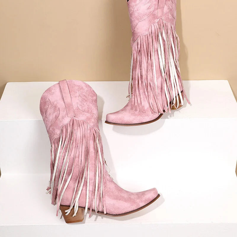 Rodeo-Ready Long-Fringe Suede Mid-Calf Western Boots
