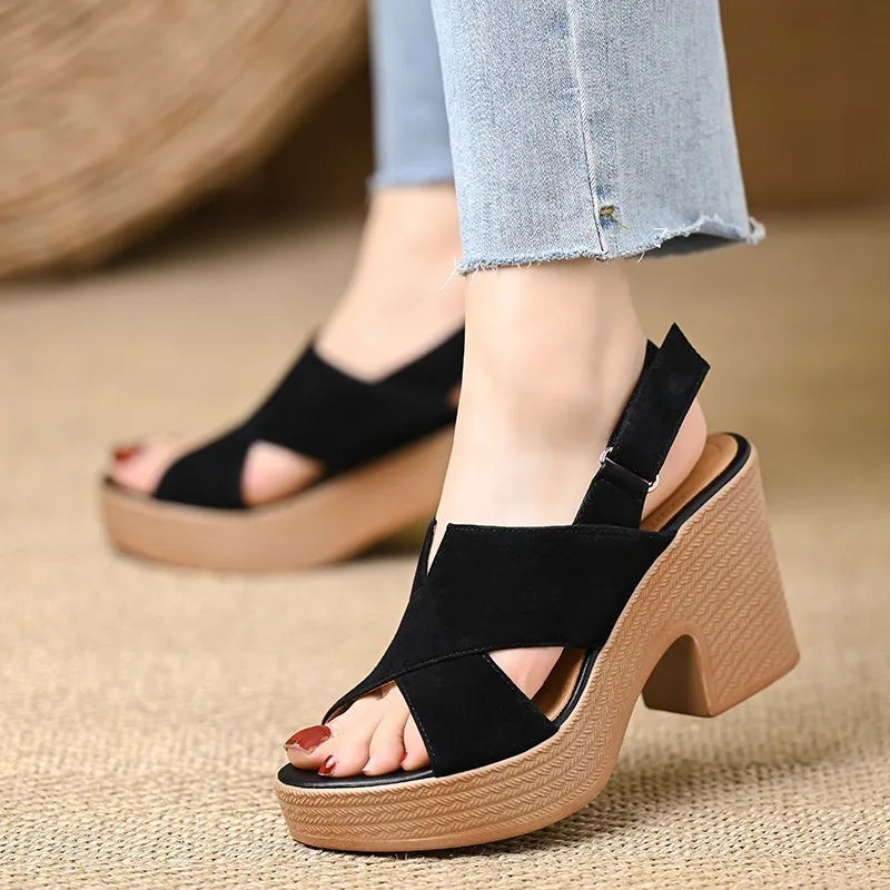 Polished Crossed-Strap Block-Heel Wedges