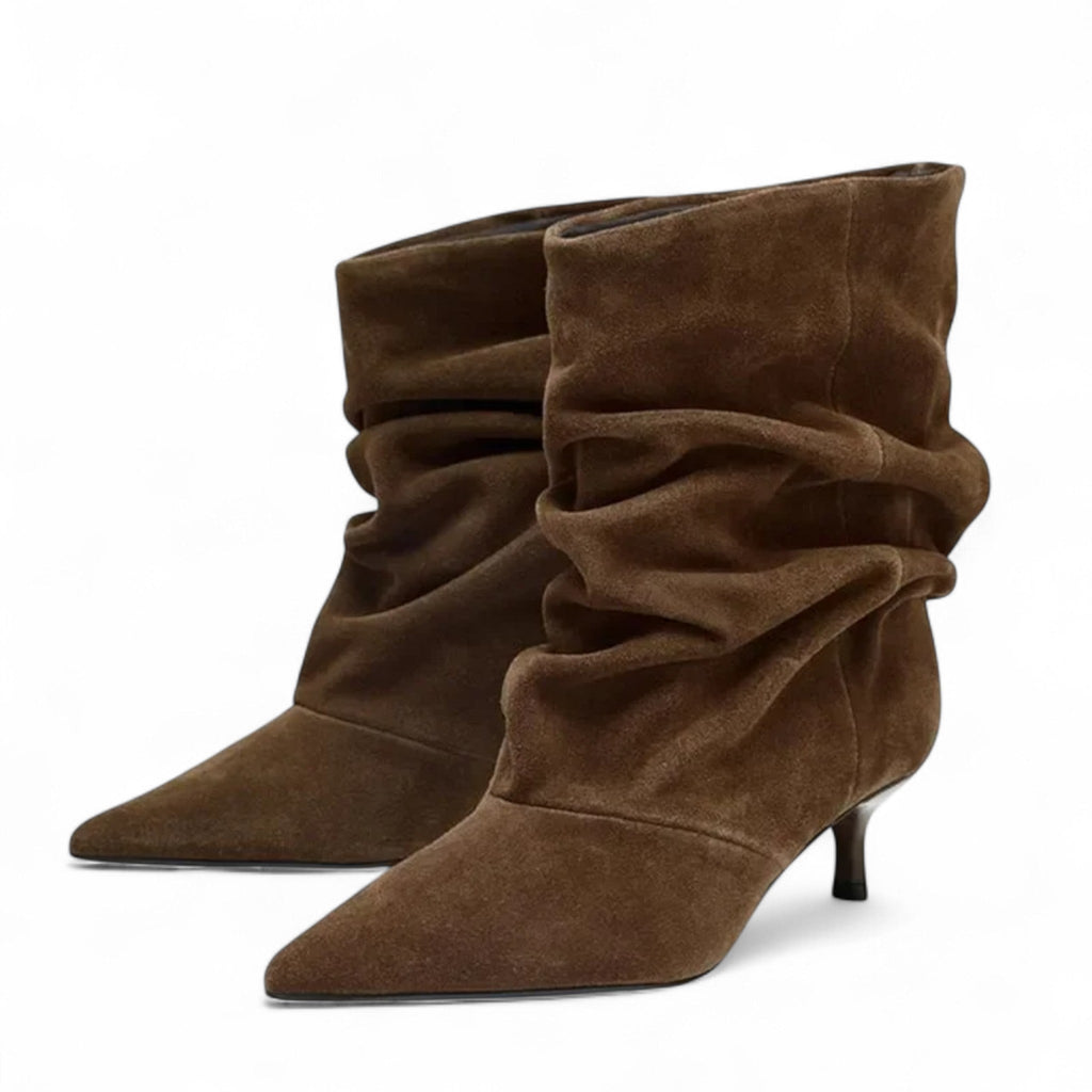 Refined Ruched Suede Booties with Heel