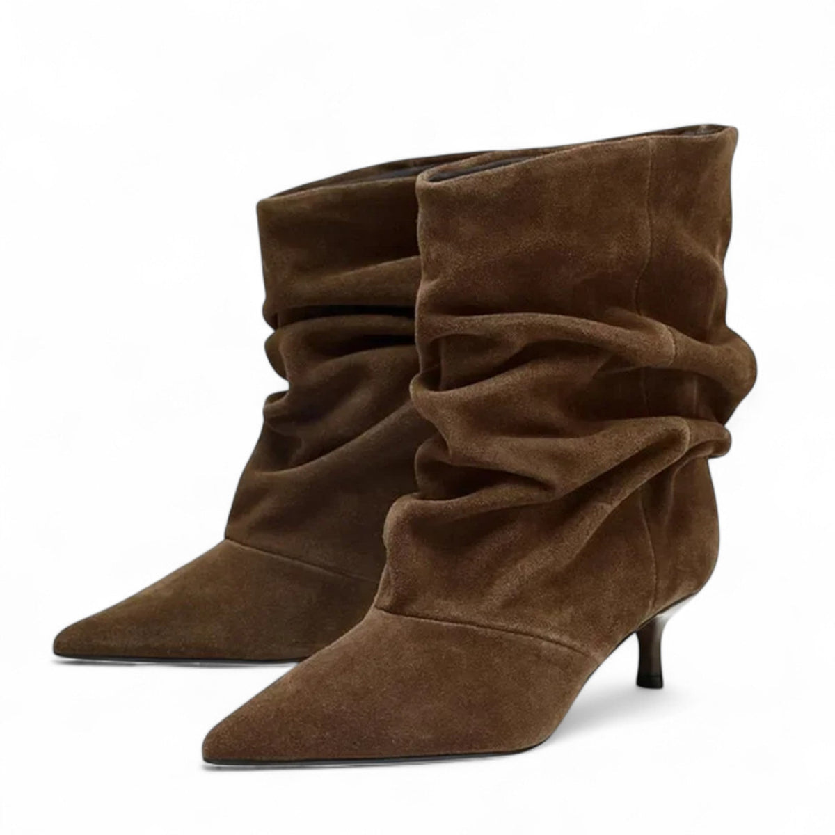 Refined Ruched Suede Booties with Heel