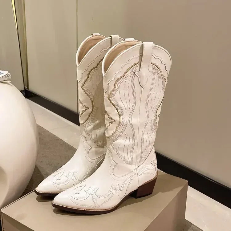 Statement Aeliana White Vintage Heeled Western Boots