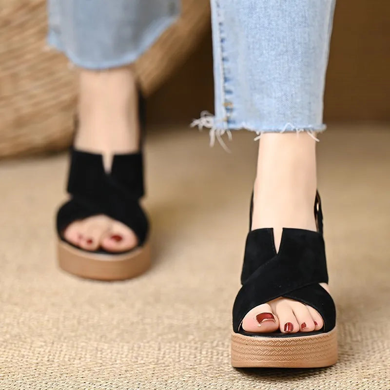 Polished Crossed-Strap Block-Heel Wedges