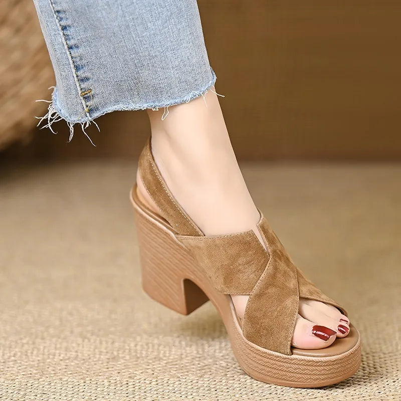 Polished Crossed-Strap Block-Heel Wedges