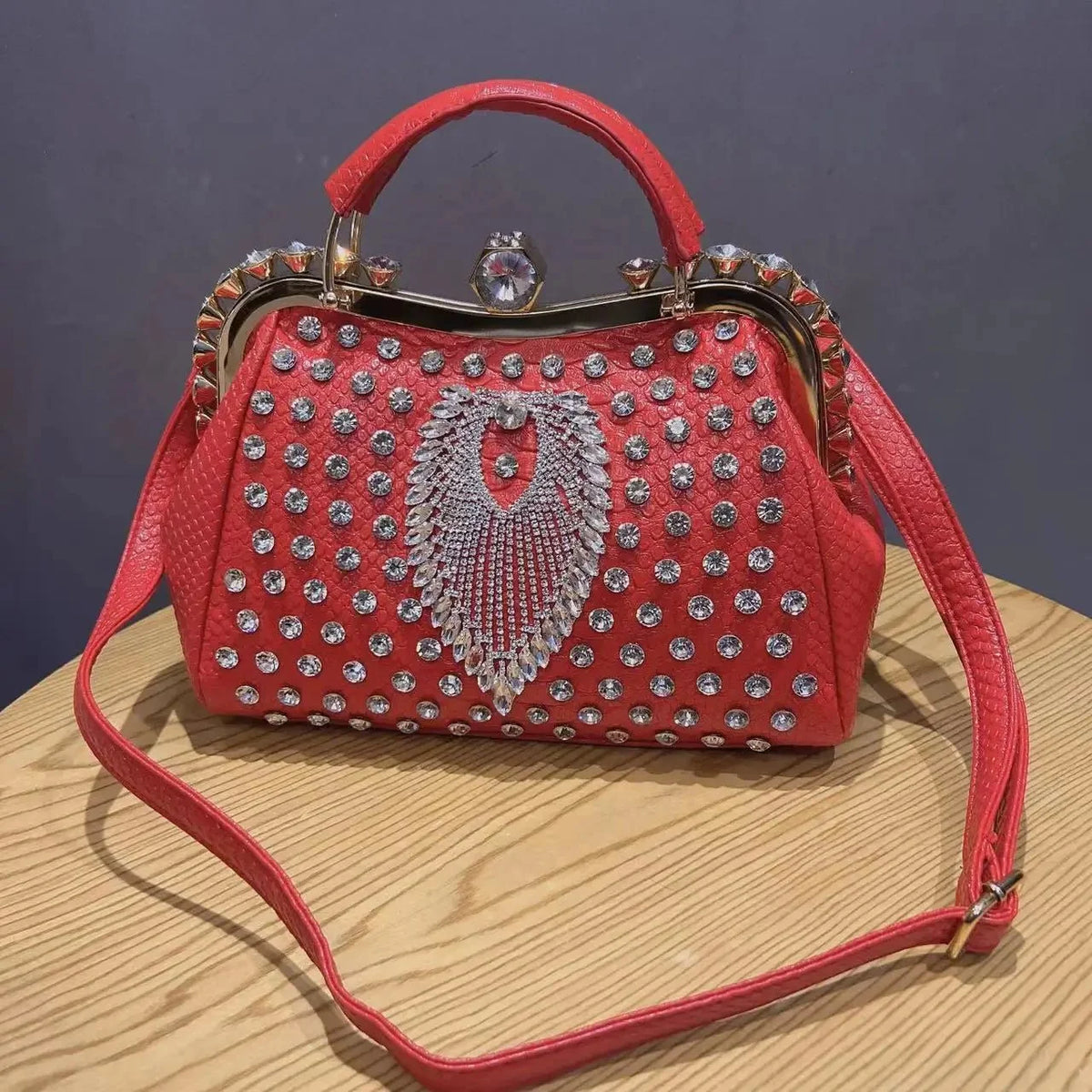 Diamond-Embellished Genuine Leather Messenger Bag