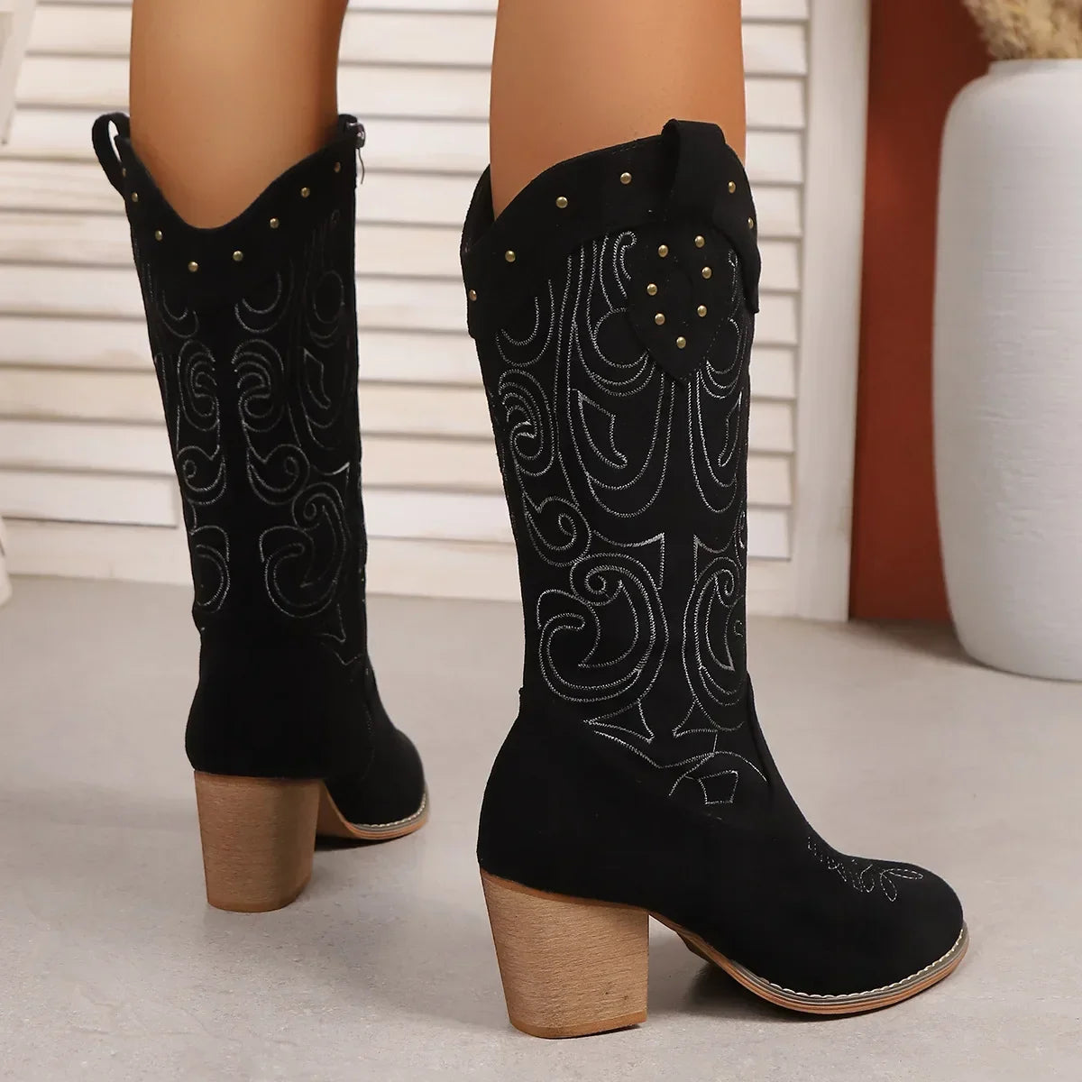 Classic Western Suede Mid-Calf Boots