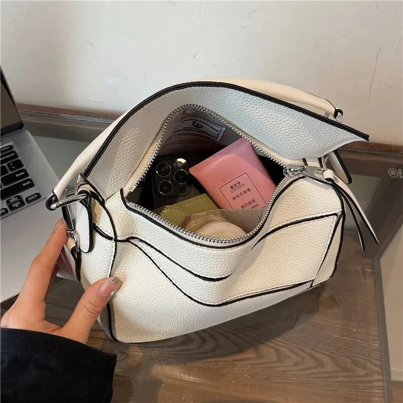 PU Leather Shoulder Bag with Geometric Detail