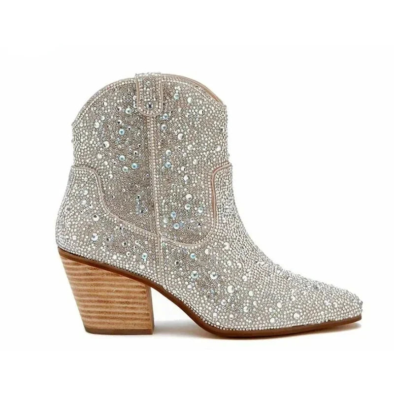Statement Sequined Heeled Western Ankle Boots