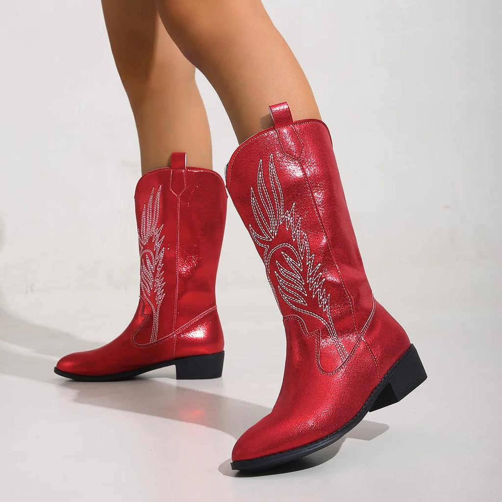 Polished Xylia Glossy Mid-Calf Heeled Western Boots