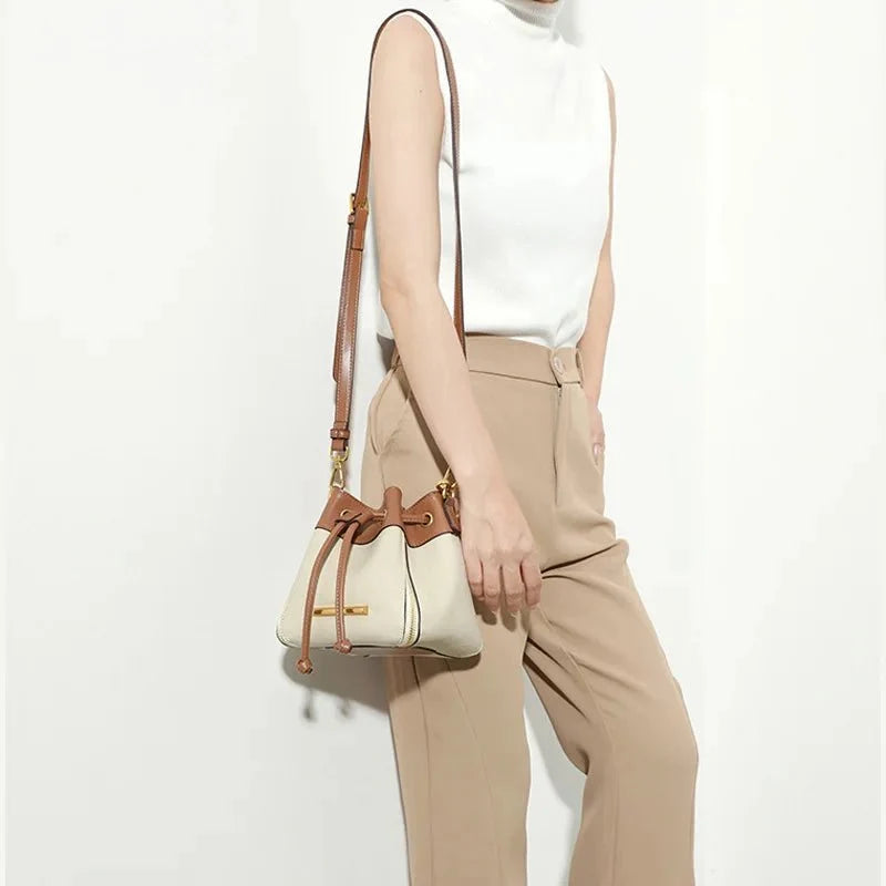 Genuine Leather Bucket Bag with Signature Detail