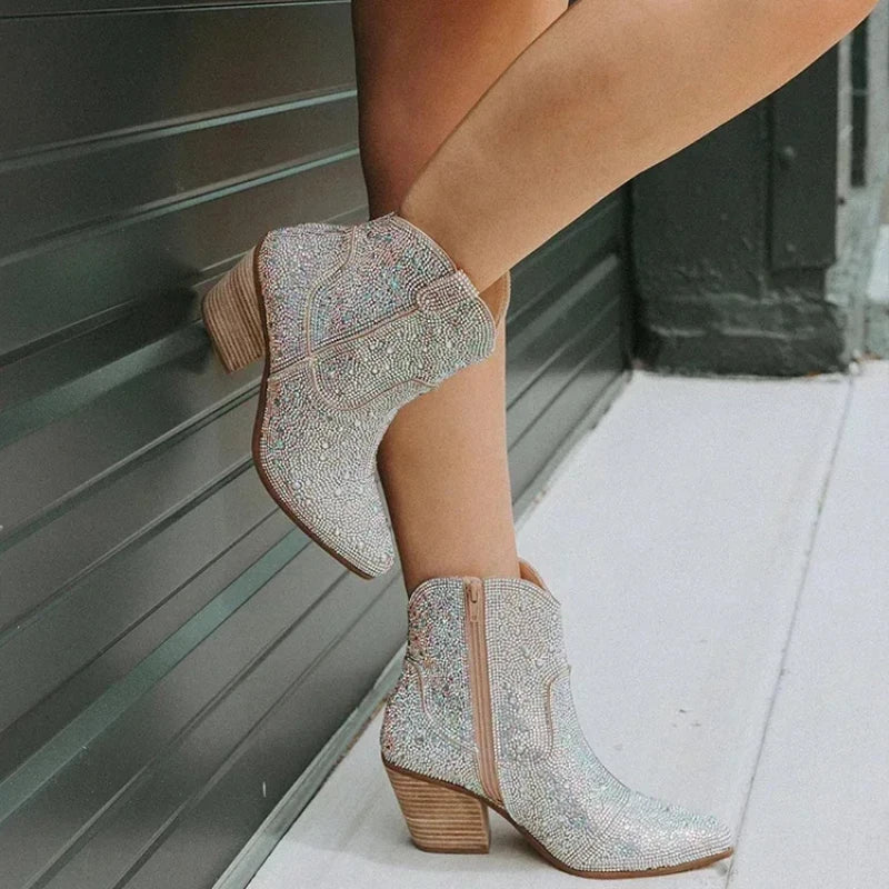 Statement Sequined Heeled Western Ankle Boots