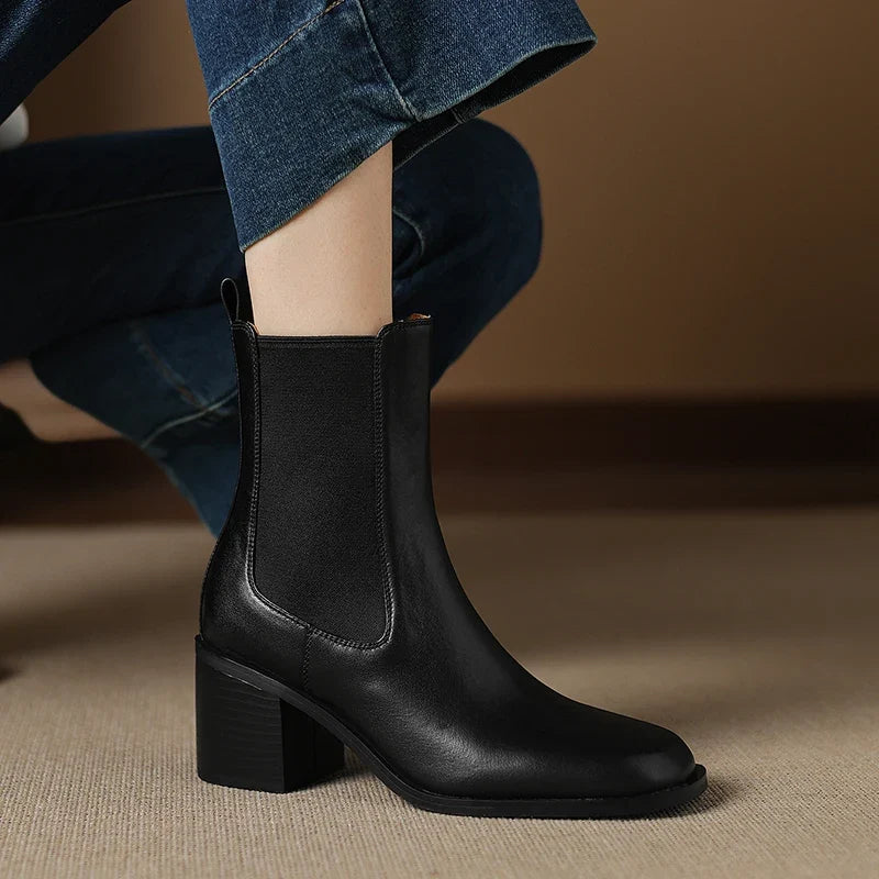 Sleek Imara Heeled Booties in Leather