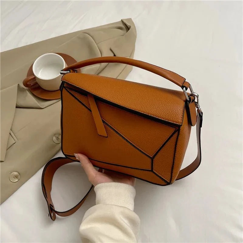 PU Leather Shoulder Bag with Geometric Detail