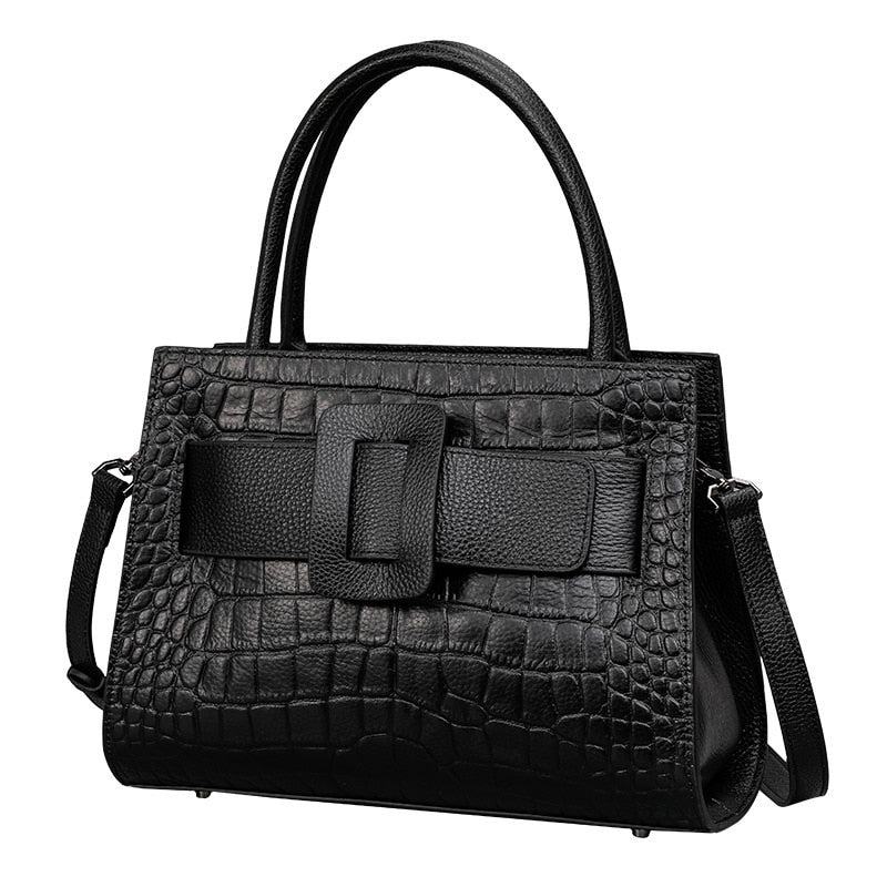 Genuine Leather Messenger Bag with Croc-Effect Detail