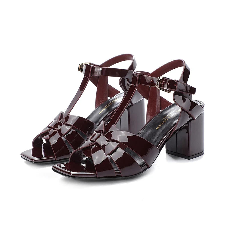 Polished Patent Leather Square-Heel Sandals