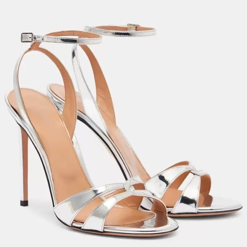 Signature Silver Stiletto Ankle-Strap Sandals