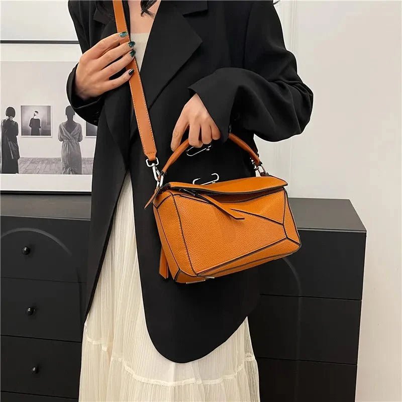 PU Leather Shoulder Bag with Geometric Detail