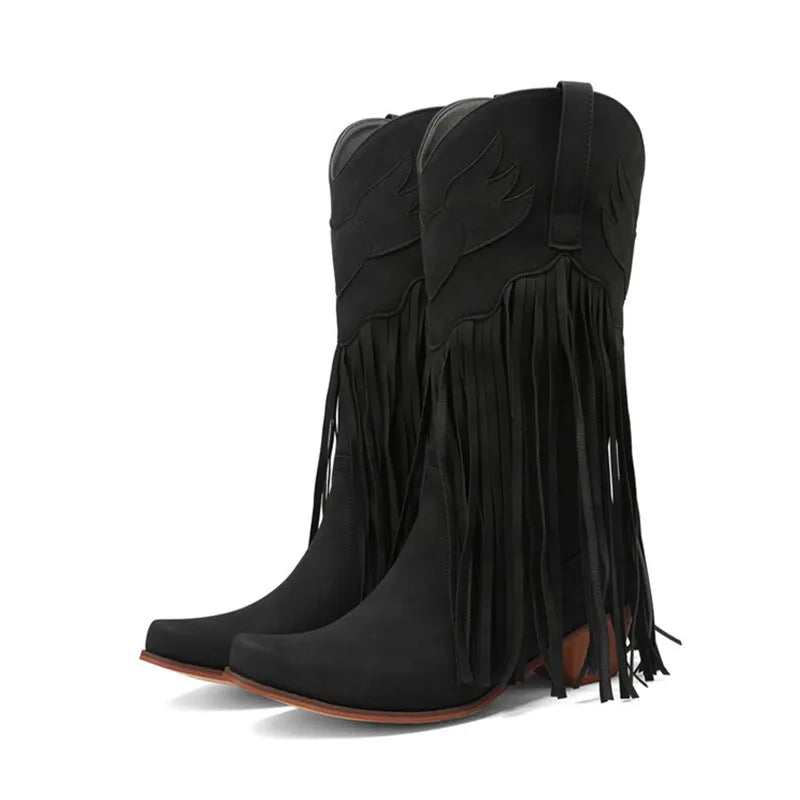 Rodeo-Ready Long-Fringe Suede Mid-Calf Western Boots