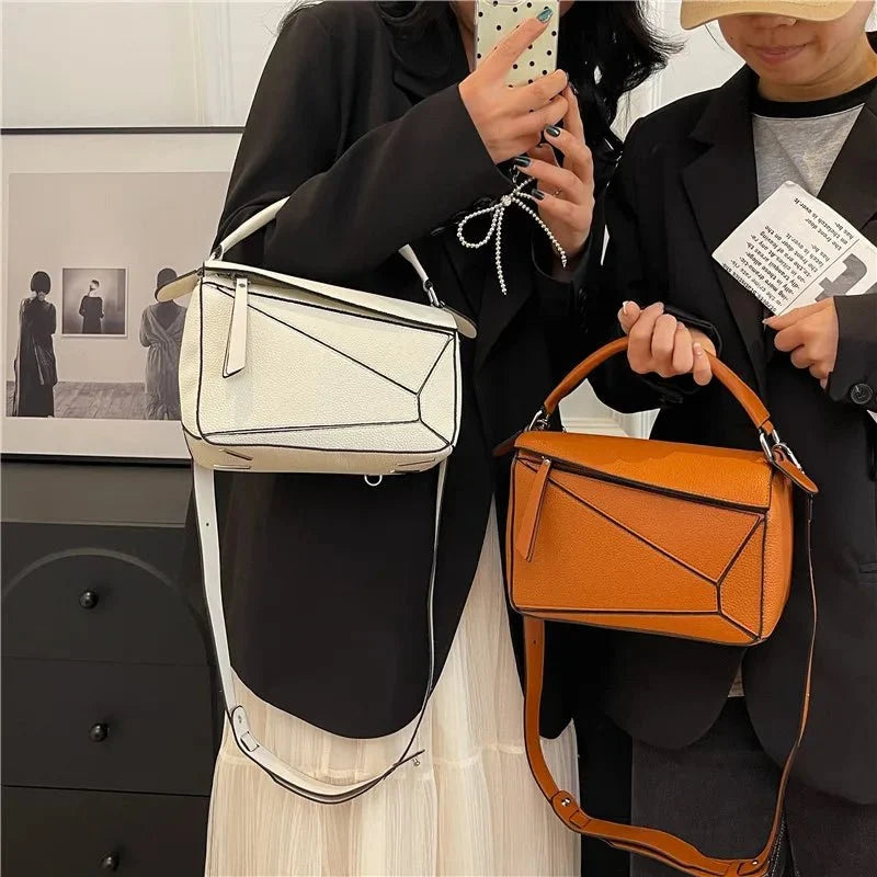 PU Leather Shoulder Bag with Geometric Detail