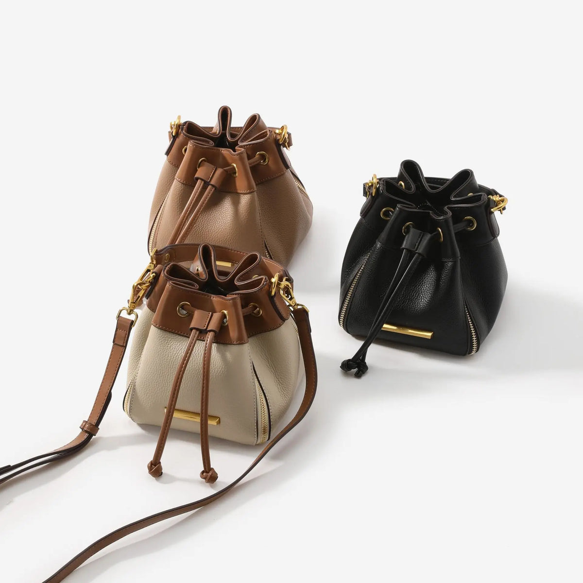 Genuine Leather Bucket Bag with Signature Detail