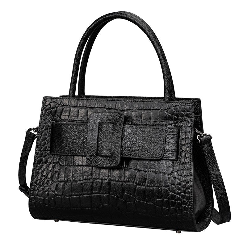 Genuine Leather Messenger Bag with Croc-Effect Detail