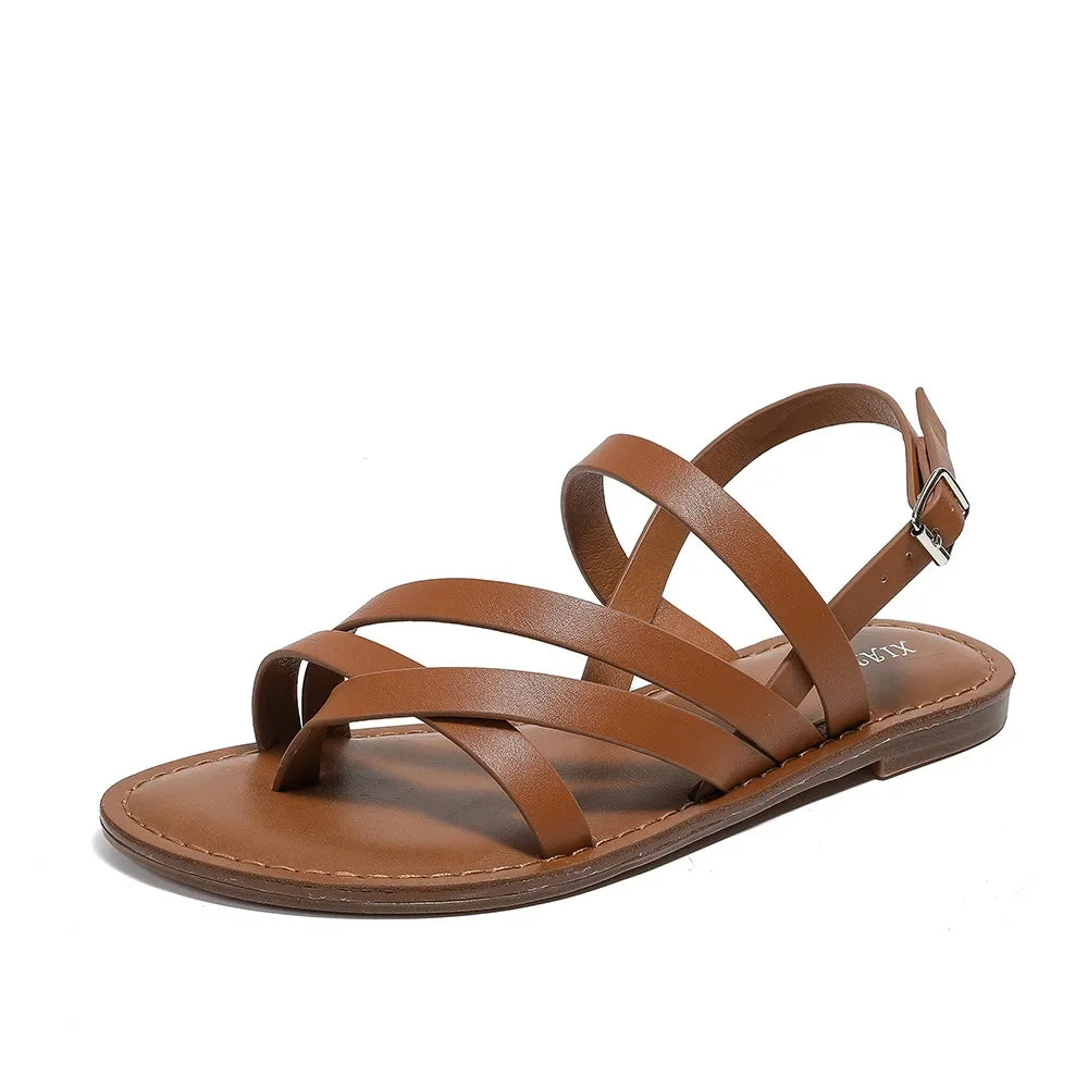 Sleek Crossed-Strap Leather Sandals