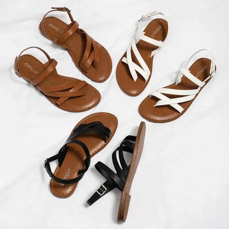 Sleek Crossed-Strap Leather Sandals