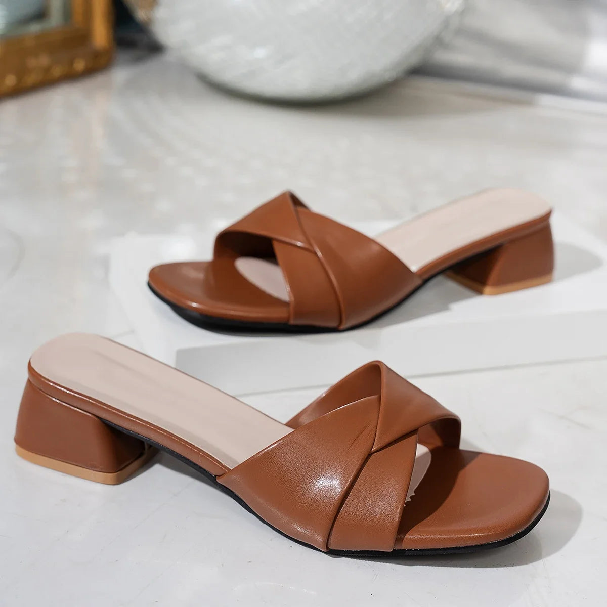 Sleek Fabienne Square-Heel Leather Mules