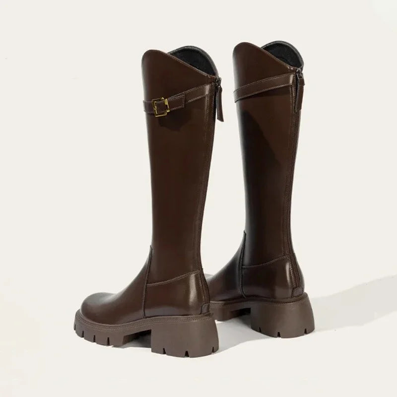 Bold Petra Riding Boots with Chunky Heel and Gold Buckle