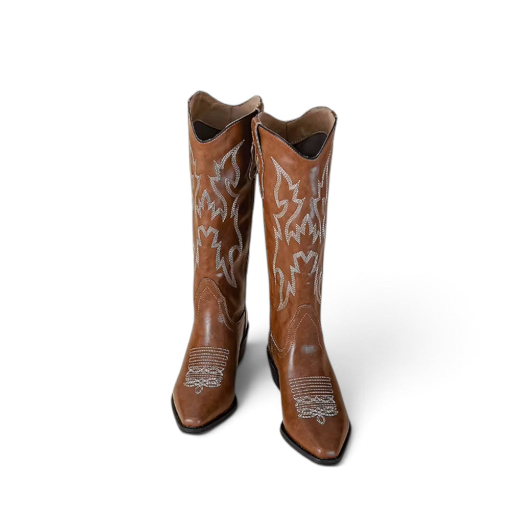 Heritage-Inspired Brown Embroidered Heeled Western Boots