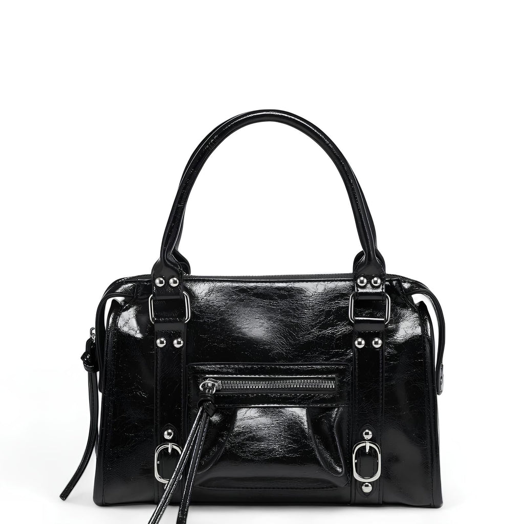 Statement Faye Glossy Black Leather Shoulder Bag