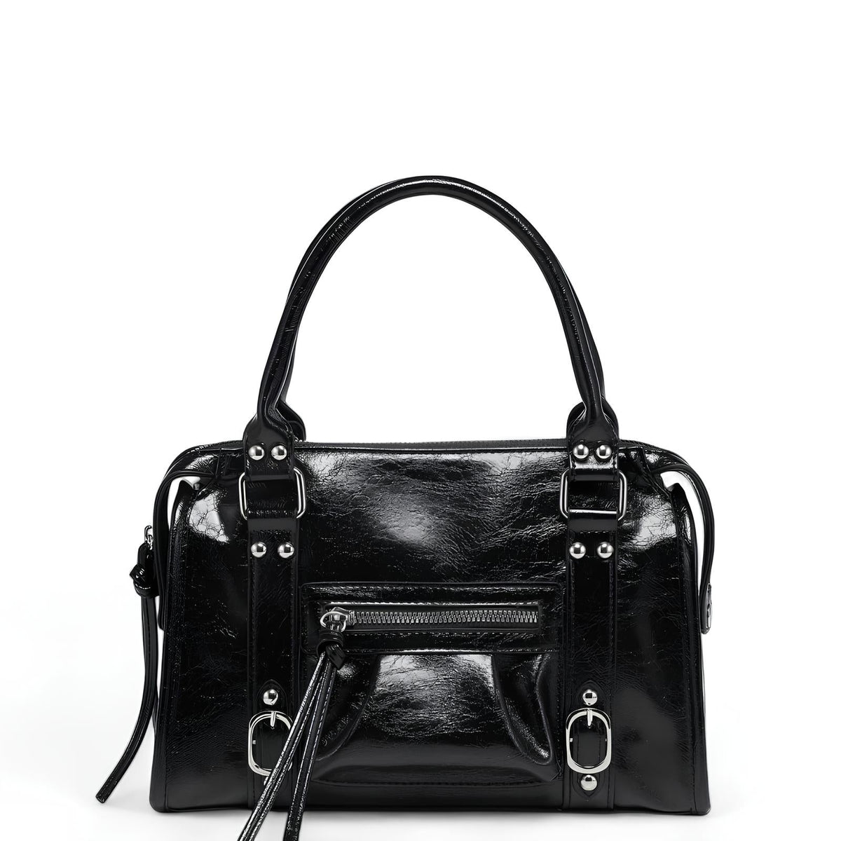 Statement Faye Glossy Black Leather Shoulder Bag
