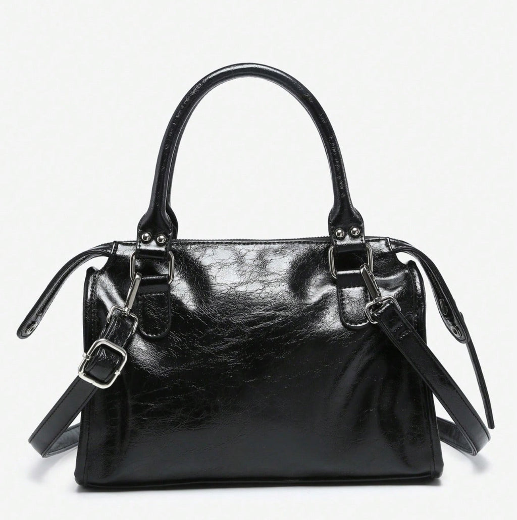 Statement Faye Glossy Black Leather Shoulder Bag