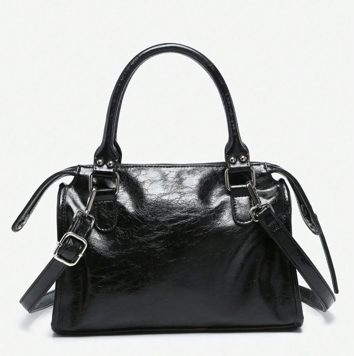 Statement Faye Glossy Black Leather Shoulder Bag