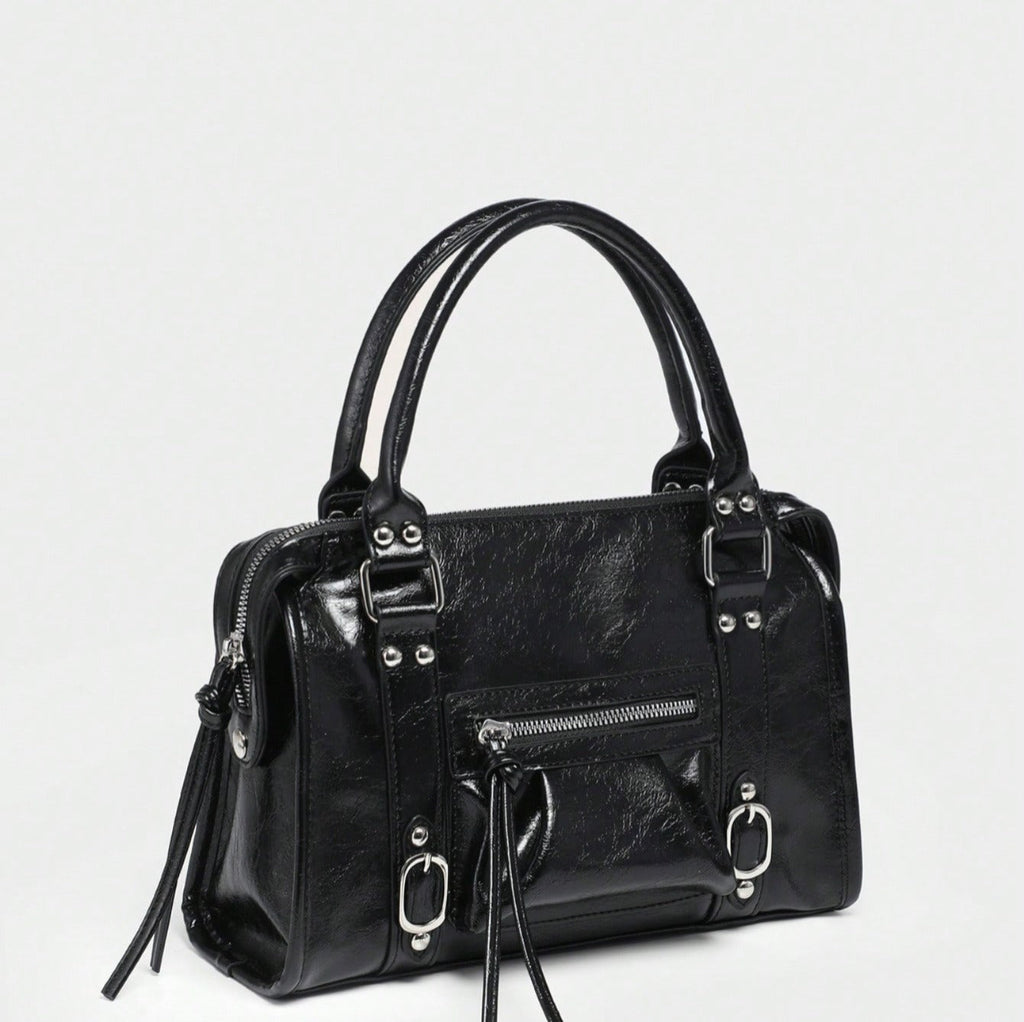 Statement Faye Glossy Black Leather Shoulder Bag
