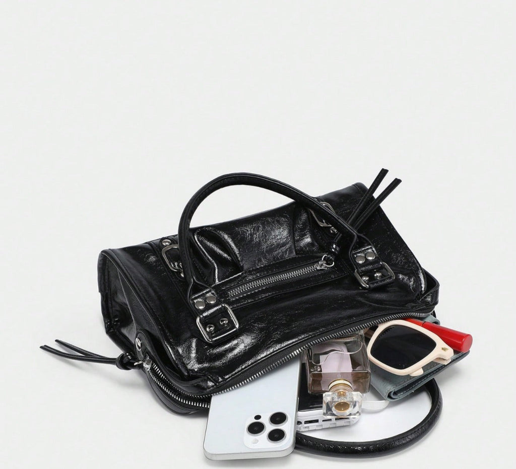 Statement Faye Glossy Black Leather Shoulder Bag