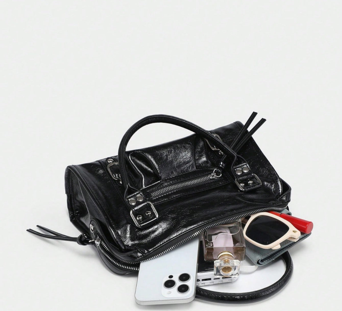 Statement Faye Glossy Black Leather Shoulder Bag