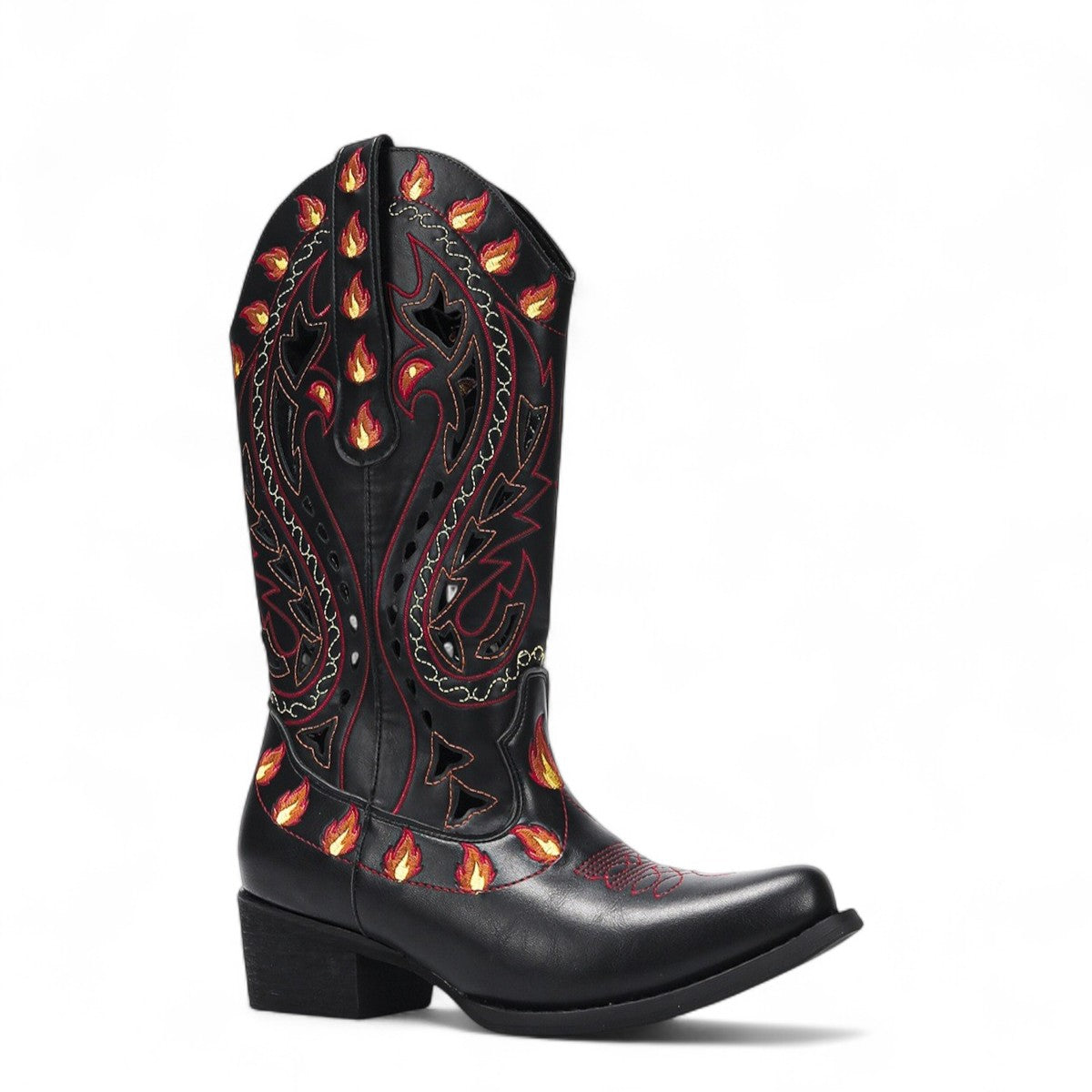 Bold Flame-Embroidered Western Ankle Boots