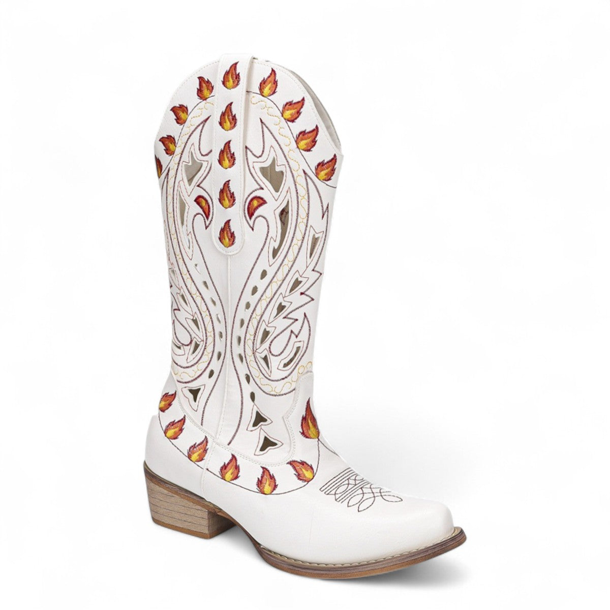 Bold Flame-Embroidered Western Ankle Boots