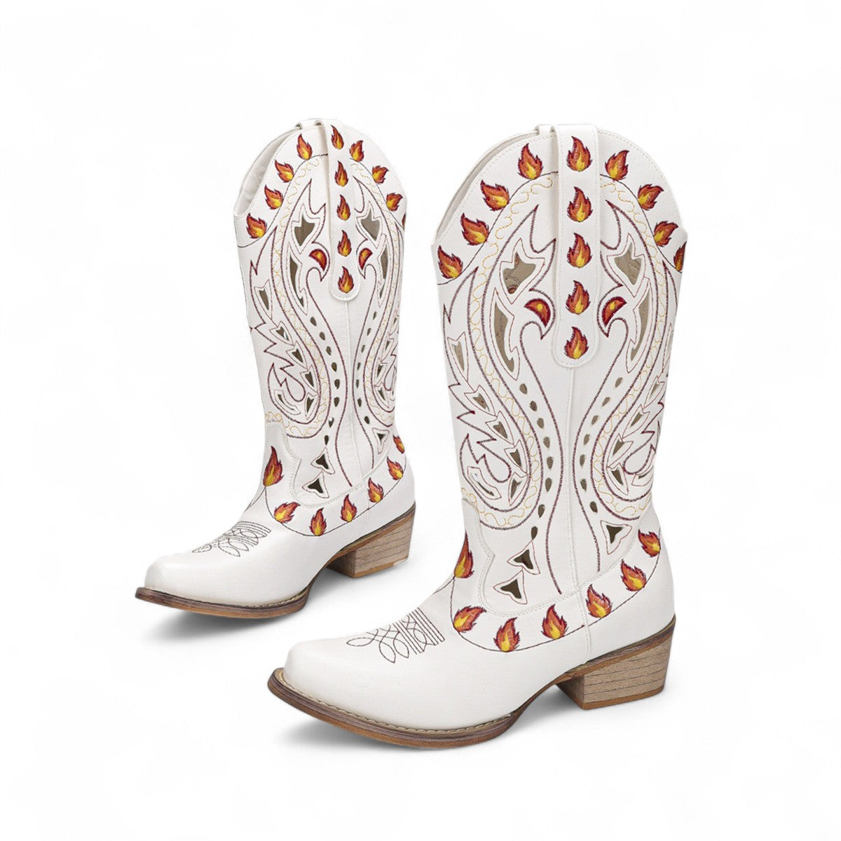 Bold Flame-Embroidered Western Ankle Boots