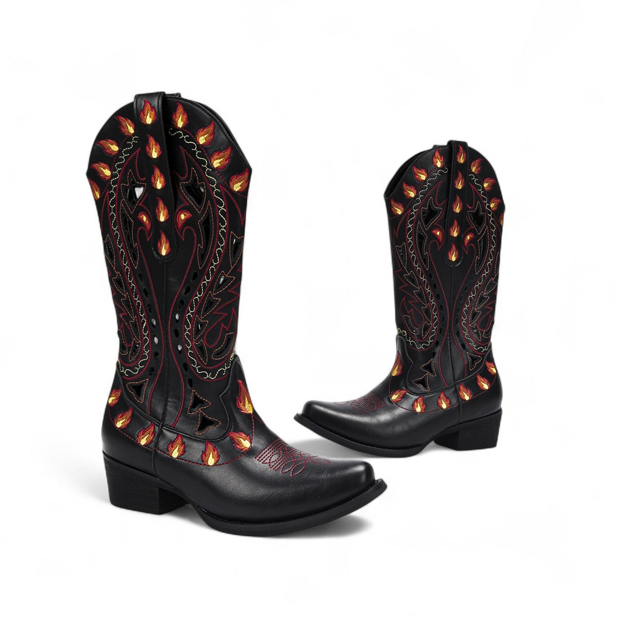 Bold Flame-Embroidered Western Ankle Boots