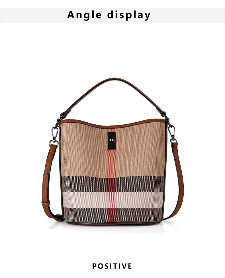 Genuine Leather Bucket Bag with Plaid Detail