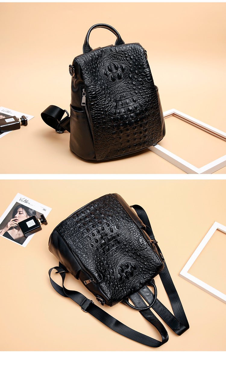 Croc-Effect Genuine Leather Backpack