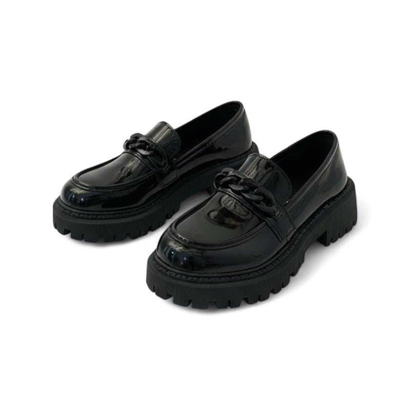 Polished Black Patent Wedge Loafers with Chain Detail