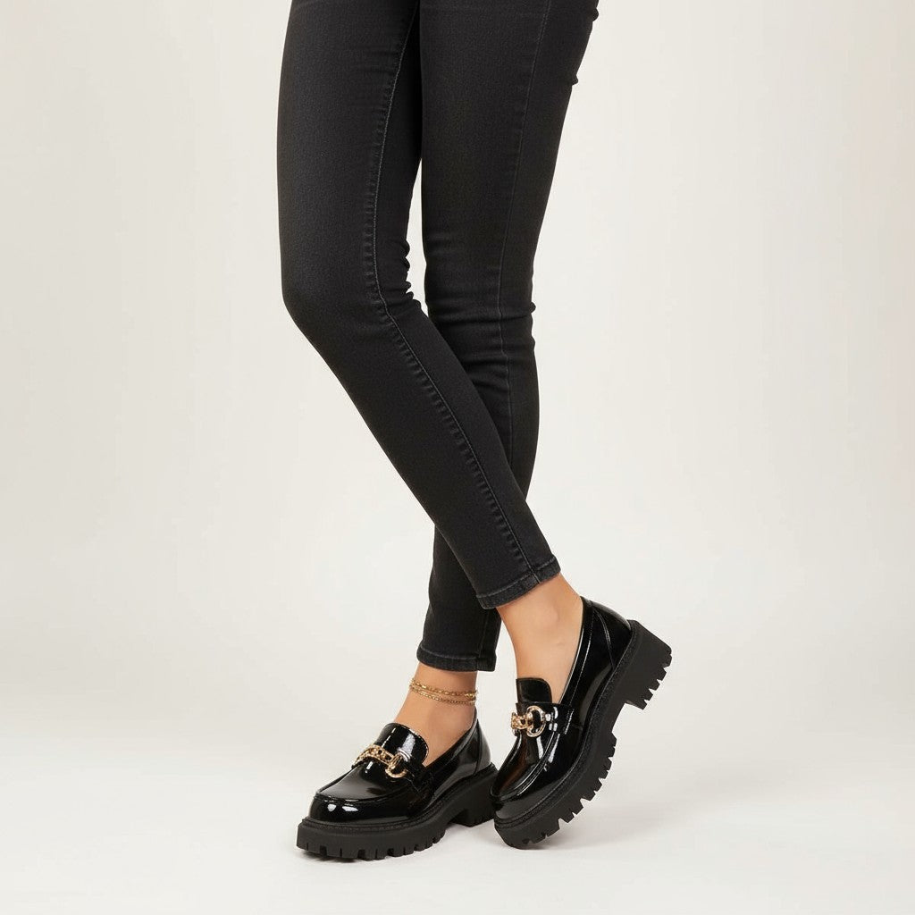Statement Zorina Patent Loafers with Chain and Chunky Sole