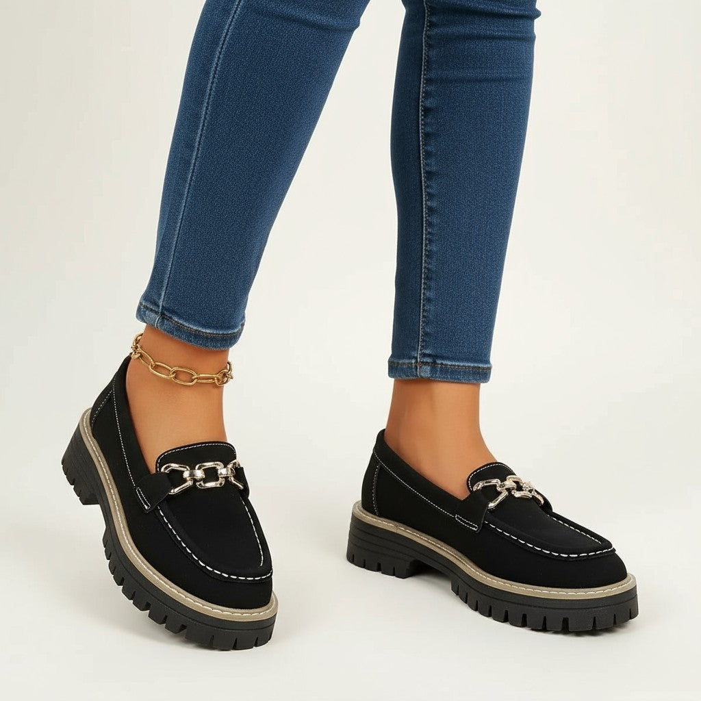 Signature Chunky Loafers with Gold Chain and Contrast Stitching