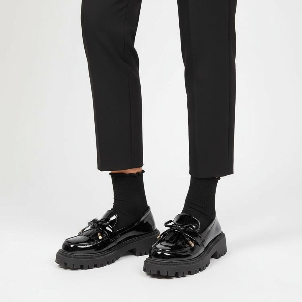 Sleek Black Patent Loafers with Knot Detail