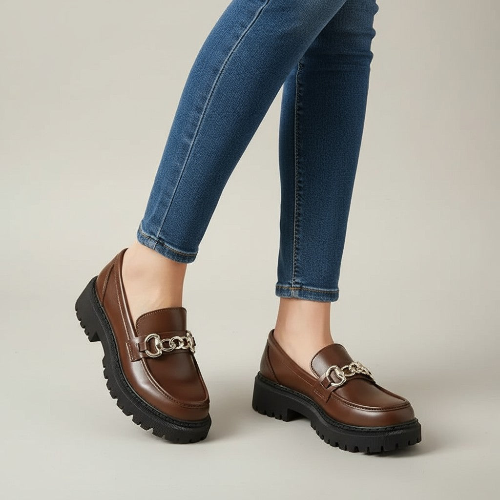 Signature Matte Wedge Loafers with Gold Chain