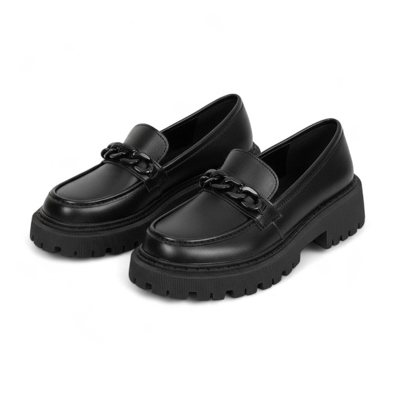 Understated Matte Black Wedge Loafers with Chain Detail