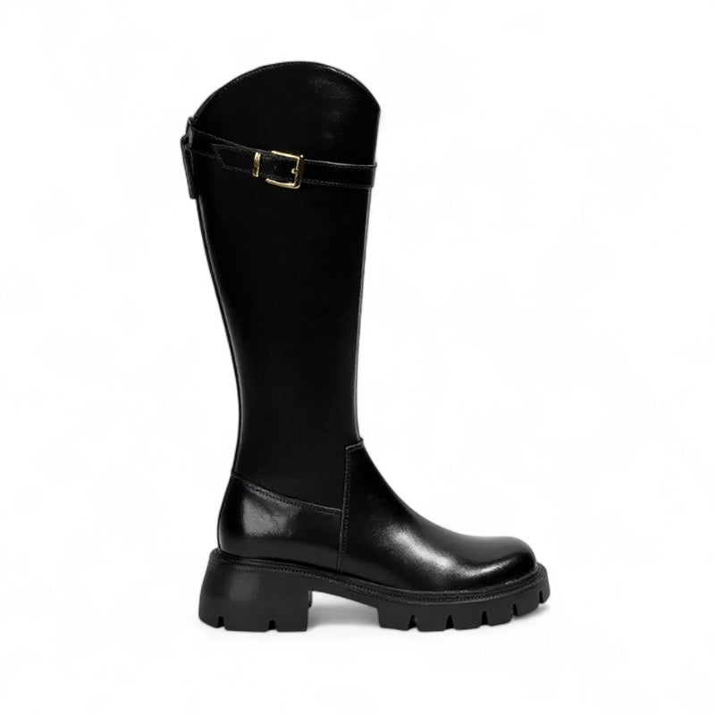 Bold Petra Riding Boots with Chunky Heel and Gold Buckle