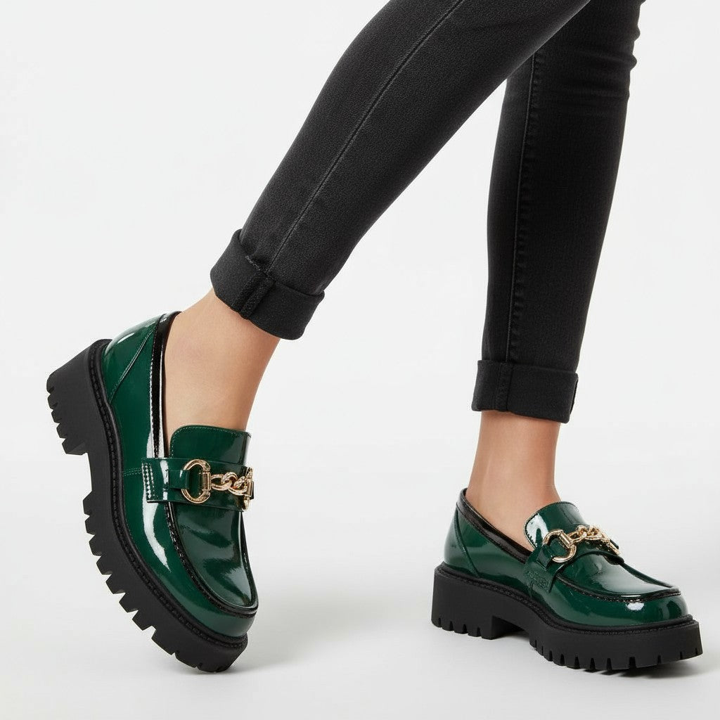 Statement Zorina Patent Loafers with Chain and Chunky Sole